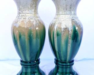 58 Two1012TallGreenDripGlazeCeramicVases
