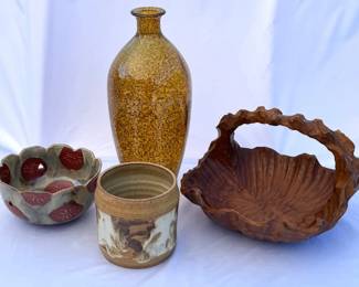 61 CarvedWoodBasketSpanishGlassVaseandPotteryBowls