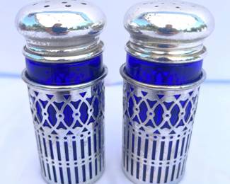 6 BlueGlasswithSilverPlateCasing35TallSaltandPepperShakers
