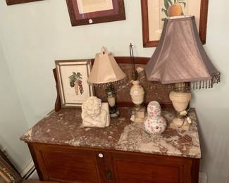 1940s Marble Top Server, Alabaster Lamps, Prints, etc