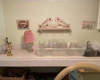 Various Glass and Porcelain, Plaster Plaques, Decorative Shelf