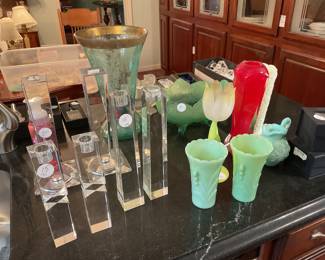 Oleg Cassini Art Glass Candlesticks and Jadeite Vases