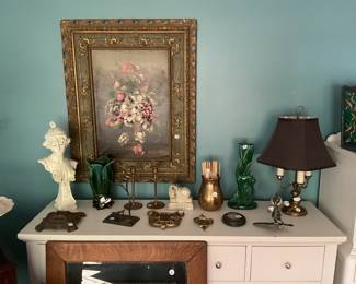 Oil Painting of Floral Arrangement, Plaster Figurine, other Decorative Items