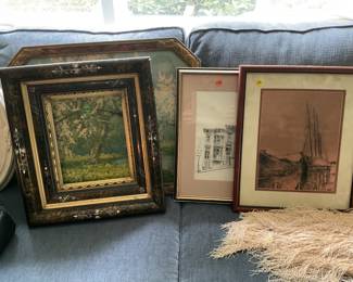 Modern Art Charcoal, Brass Maritime Plaque, Vintage Art Deco Print, Fancy Victorian Frame