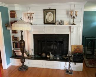 Pair of Lamps with Frosted and Painted Shades, Fireplace Tools, Porcelain Plaque, etc.