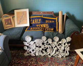 Early Bird Tennis Association Felt Banner, Syroco 1964 Floral Composite Plaque, Modern Sketch, Oil Painting of Fruit, Vintage Couch
