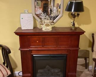 Wooden Frame Faux Electric Fireplace Heater Unit, Vintage Analog Phone, Mirror, Desk Lamp, Oriental Art Vase