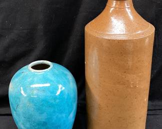 (2) POTTERY PIECES, LATE 1800s J.BOURNE & SON, DEMBY POTTERY BOTTLE & SIGNED BEN OWEN III 1989 TURQUOISE VASE