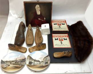  ASSORTED COLLECTIBLES, MINK STOLE, VTG. MONOPOLY, HAND PAINTED PLATES, WOOD COBBLER SHOES, COIN BANK