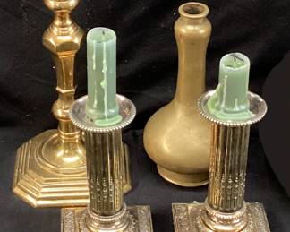 ASSORTED BRASS VASE, CANDLE STANDS