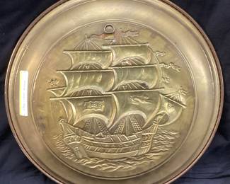 CIRCA 1910 PRESSED BRASS SAILING SHIP WALL ART