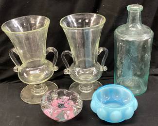 ASSORTED COLLECTIBLES, ASCHENBACH & MILLER BOTTLE, FENTON MELON POWDER JAR BASE, PAPER WEIGHT, PAIR OF URN STYLE VASES