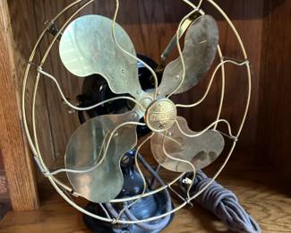 Antique brass blade Emerson fan w rare brass spider cage, mint condition
