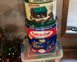 Lincoln Logs, Tinkertoys, bin full of toys