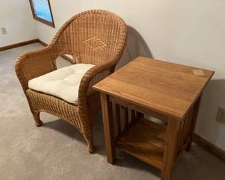 Wicker chair, one of pair of oak end tables