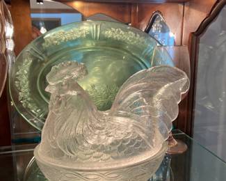 Glass hen on nest, green depression glass platter