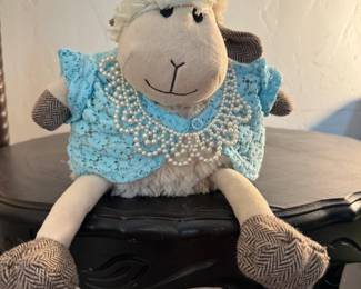 Plush Sheep Toy with Blue Lace Garment and Pearl Accents