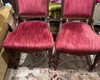 Carved Wood Chairs with Red Upholstery