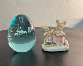 Blue Glass Egg Paperweight and Peter Rabbit Figurine