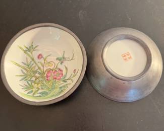 Asian Painted Sauce Plates with Floral and Bird Motif