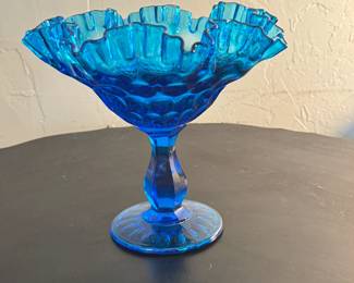 Blue Pressed Glass Compote with Ruffled Rim