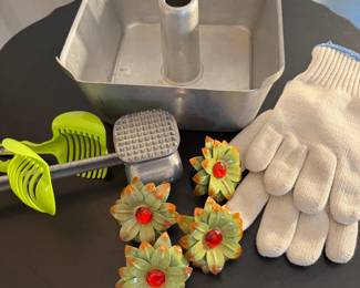 Vintage Aluminum Bundt Pan, Meat Tenderizer, Clips, Gloves
