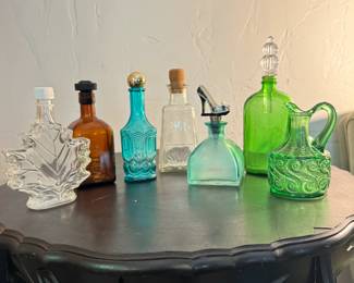 7 Colored Glass Bottles, Decanters, and Pitcher