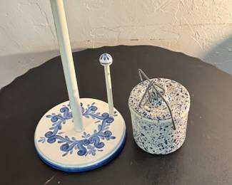 Painted Wooden Paper Towel Holder and Speckled Container