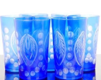 Blue Glass Tumblers w/Textured Dot & Leaf Pattern (Set of 7)