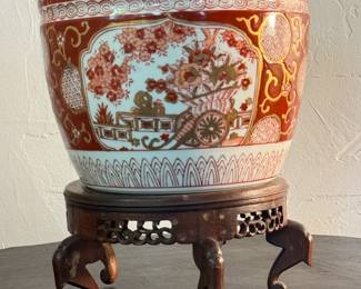 Asian-Style Ceramic Vase with Wooden Stand
