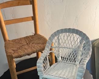 Pair of Doll Chairs in Wood, Rattan, and Wicker
