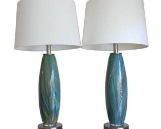 Pair of Blue Glass Swirl Vase Lamps