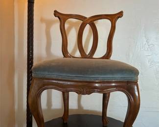 Carved Wood Chair with Blueish-Gray Velvet Seat