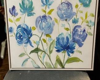 Floral Oil Painting on Canvas in Blue Tones