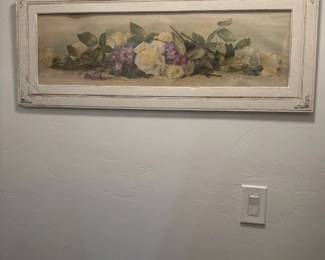 Framed Floral Print in Distressed White Wooden Frame