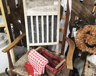 Ladder Back Chair. Washboard, Red Check Window Valances