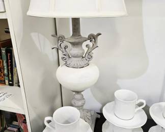 Ironstone cups and ornate lamp