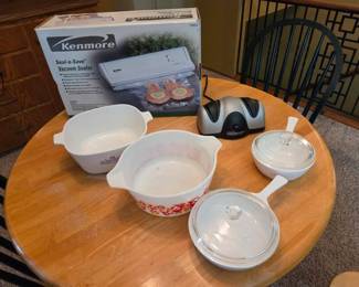 Kenmore Food Vacuum Sealer, Knife Sharpener, Corning Ware variety pots and pans with lids