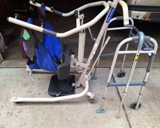 Invacare Sit to Stand Lift, Wheeled Walker, And Cane