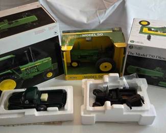 Three John Deere Model Tractors And 2 Model Cars, Ford and Chevrolet