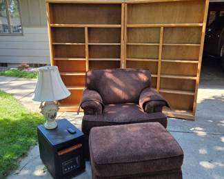 Chair And Ottoman, 2 wooden Bookshelves, Electric Heater, And Lamp