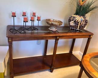 Solid wood console table, decorative pieces, candle holders, mosaic vase, and more!