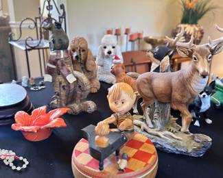 vintage Anri Schroeder at the Piano music box, various porcelain animals, and collectibles