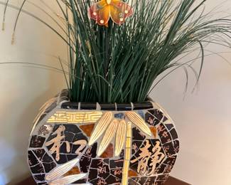 Mosaic vase with faux plant and butterfly decoration