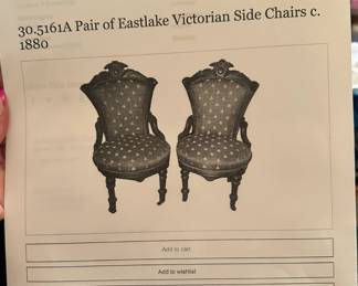 Two Eastlake/Victorian Side Chairs with brass casters on the legs, circa 1880.