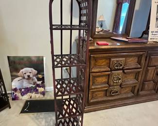 Wine rack, dresser, lamps, art