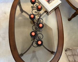 oval glass and wood coffee table, candle holders