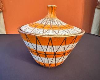 Vintage orange and white lidded vessel