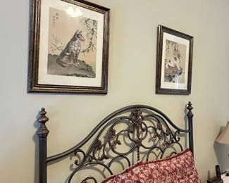 bed frame, framed prints