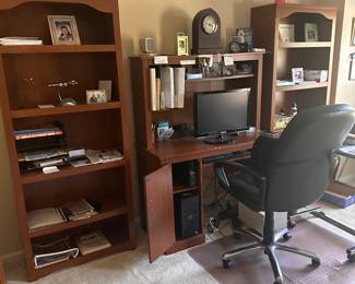 Desk and office items galore! Bookshelves, spacious desks in great condition, a comfortable desk chair, desk decor including clocks, and more!